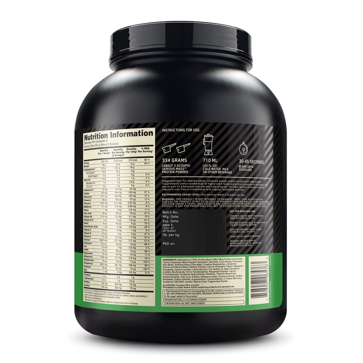 OPTIMUM NUTRITION (ON) Serious Mass High Protein High Calorie Weight Gainer Powder - 3 kg with Vitamins and Minerals, Vegetarian