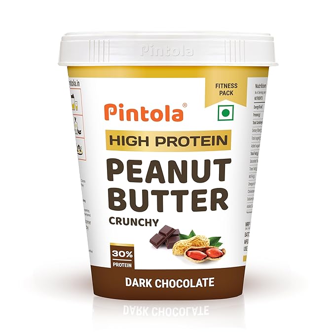 PINTOLA High Protein Peanut Butter Chocolate Flavour Crunchy 1kg, Added WHEY Protein, 30g Protein 6.2g Fiber, Gluten Free, Zero Trans Fat, Dark Chocolate Peanut Butter Spread, Nut Butter Bread Snacks