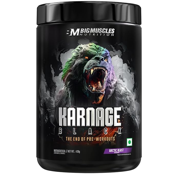 Bigmuscles Nutrition Karnage Black Preworkout | Massive Pump | Laser Focus | Explosive Energy | Gorilla Power | No Itching | with Nitrosigine