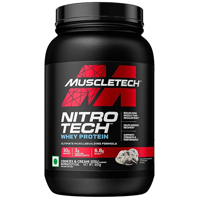 MuscleTech Nitro-Tech Whey Protein, 30g Protein, 3g creatine monohydrate, 6.7g BCAA, ultimate muscle building formula, increase strength & performance