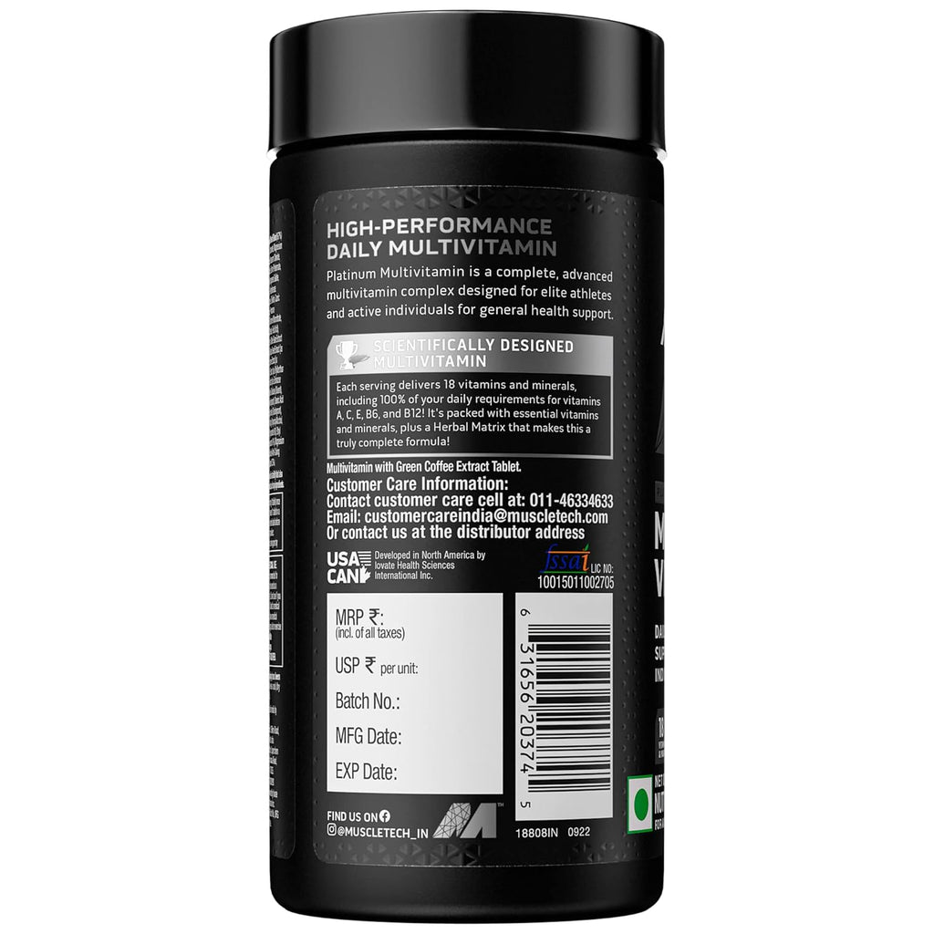MuscleTech Platinum Multivitamin,Vitamin C for Immune Support,18 Vitamins & Minerals,60 Tablets, 150 grams