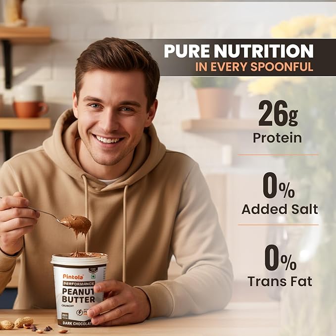 Pintola Dark Chocolate Performance Series Peanut Butter (Crunchy) - 1kg | Vegan Protein | 26% Protein | High Protein & Source of Fiber