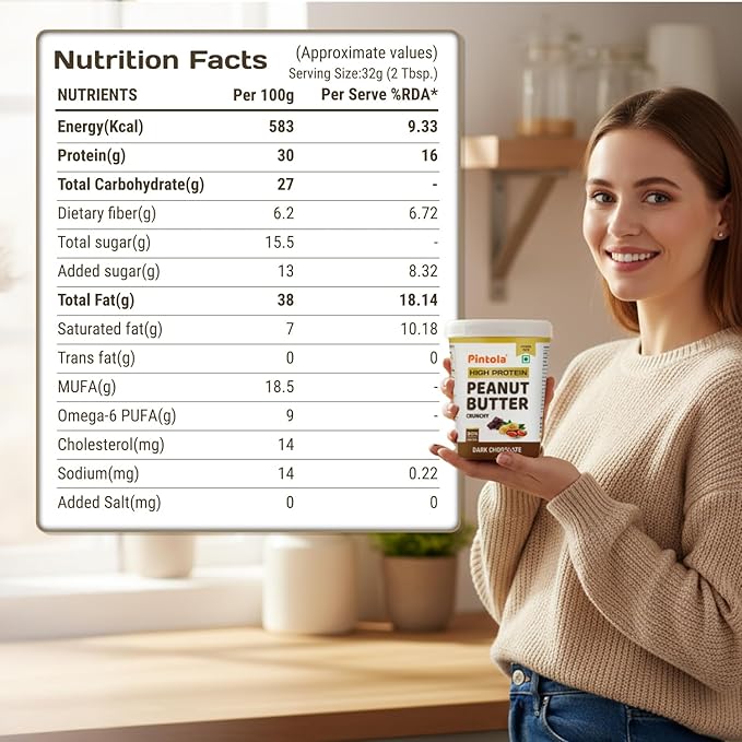 PINTOLA High Protein Peanut Butter Chocolate Flavour Crunchy 1kg, Added WHEY Protein, 30g Protein 6.2g Fiber, Gluten Free, Zero Trans Fat, Dark Chocolate Peanut Butter Spread, Nut Butter Bread Snacks