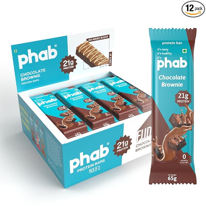 Phab Chocolate Brownie Protein Bar with 21g Protein, 8g High Fibre & 0 Added Sugar 100% Vegetarian | Healthy & Tasty Protein bars | Trans Fat-Free & No Preservatives Protein bars (Pack of 12 x 65g)