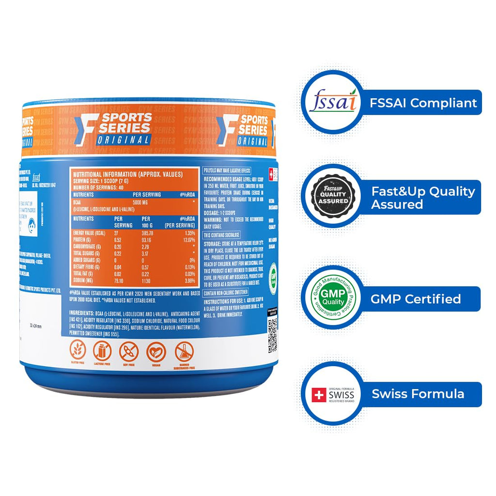 FAST&UP BCAA Essentials Powder | 5g BCAAs per Serve (2:1:1) | 40 Servings – Watermelon | Intra & Post-Workout Muscle Recovery, Endurance & Energy | Sugar-Free · Caffeine-Free · Vegetarian