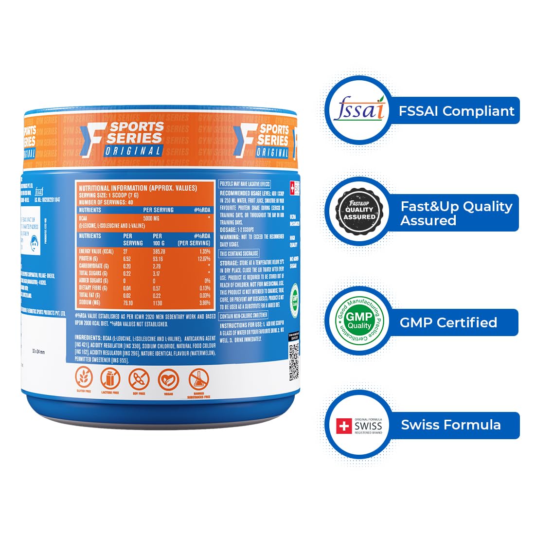 FAST&UP BCAA Essentials Powder | 5g BCAAs per Serve (2:1:1) | 40 Servings – Watermelon | Intra & Post-Workout Muscle Recovery, Endurance & Energy | Sugar-Free · Caffeine-Free · Vegetarian