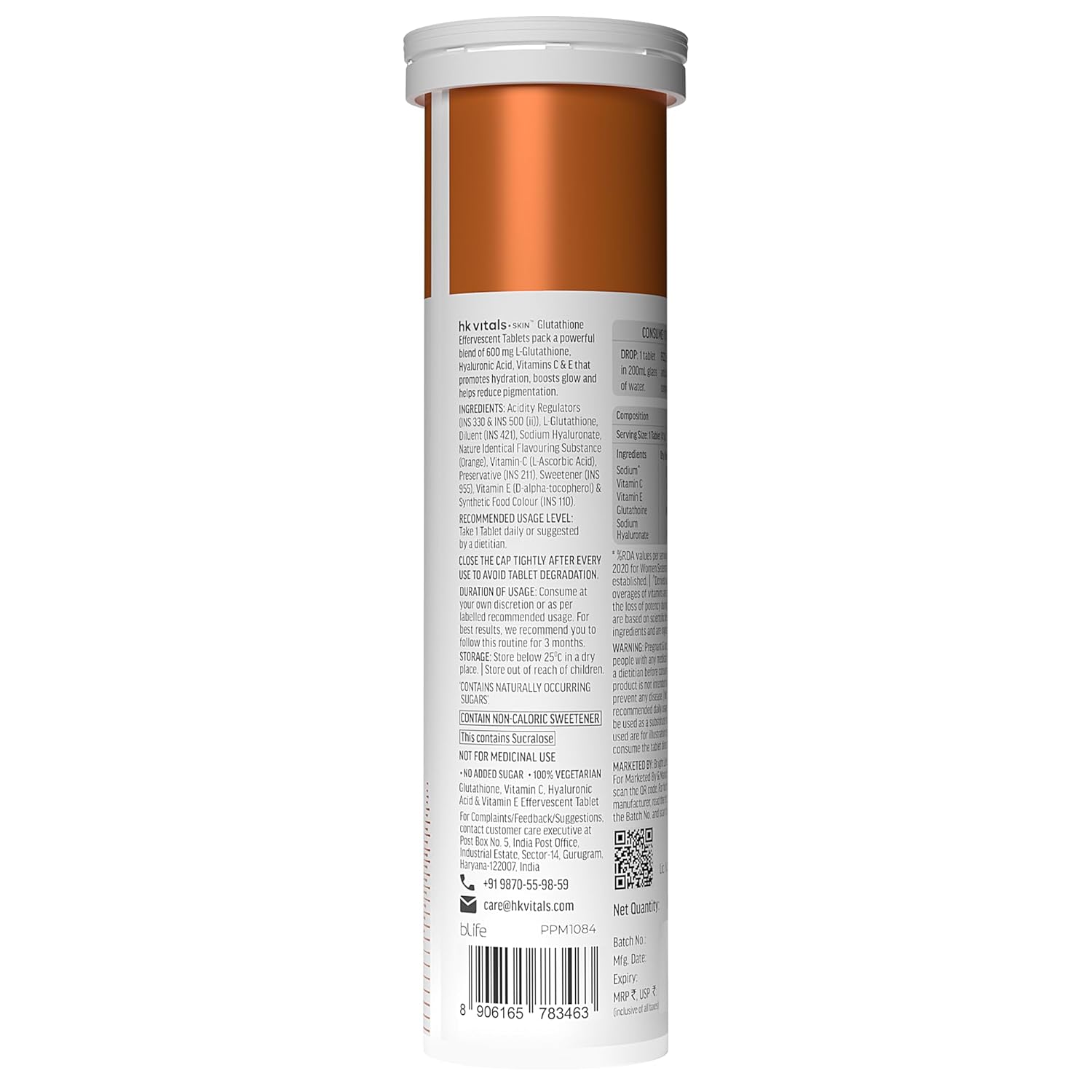 H.k vitals Glutathione (Orange, 15 Effervescent Tablets) | L-Glutathione Tablets with Vitamin C & E | For Skin Glow & Hydration