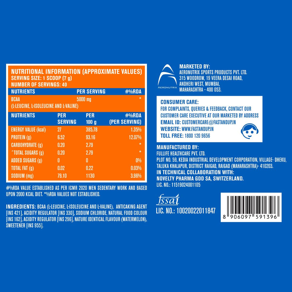FAST&UP BCAA Essentials Powder | 5g BCAAs per Serve (2:1:1) | 40 Servings – Watermelon | Intra & Post-Workout Muscle Recovery, Endurance & Energy | Sugar-Free · Caffeine-Free · Vegetarian