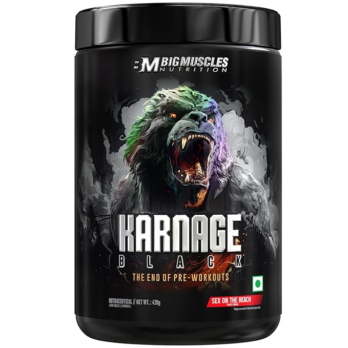 Bigmuscles Nutrition Karnage Black Preworkout | Massive Pump | Laser Focus | Explosive Energy | Gorilla Power | No Itching | with Nitrosigine