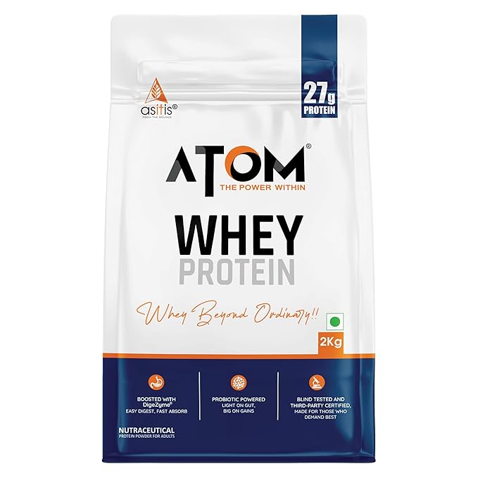 AS-IT-IS ATOM Whey Protein  | 27g protein | Isolate & Concentrate | USA Labdoor Certified | With Digestive Enzymes for better absorption