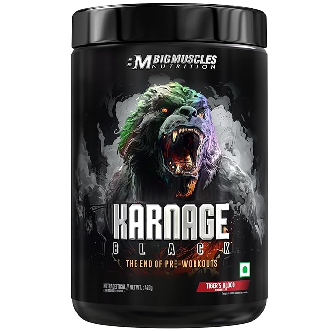 Bigmuscles Nutrition Karnage Black Preworkout | Massive Pump | Laser Focus | Explosive Energy | Gorilla Power | No Itching | with Nitrosigine