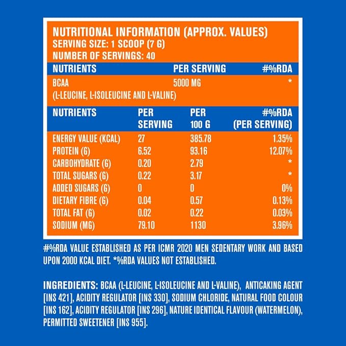 FAST&UP BCAA Essentials Powder | 5g BCAAs per Serve (2:1:1) | 40 Servings – Watermelon | Intra & Post-Workout Muscle Recovery, Endurance & Energy | Sugar-Free · Caffeine-Free · Vegetarian