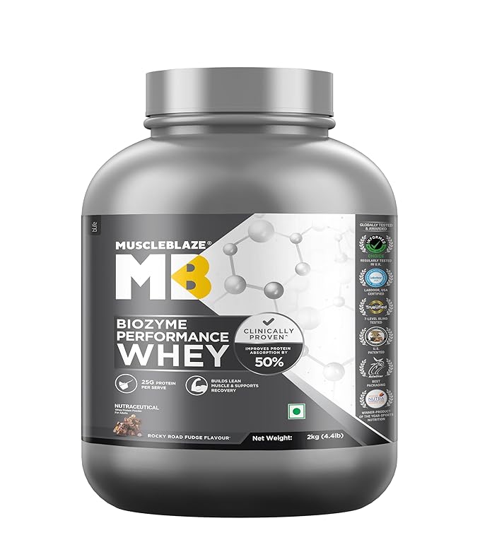 MuscleBlaze Biozyme Performance Whey Protein Powder | 25g Protein Per Scoop | Clinically Tested 50% Higher Protein Absorption