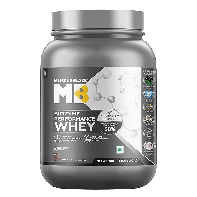 MuscleBlaze Biozyme Performance Whey Protein Powder | 25g Protein Per Scoop | Clinically Tested 50% Higher Protein Absorption