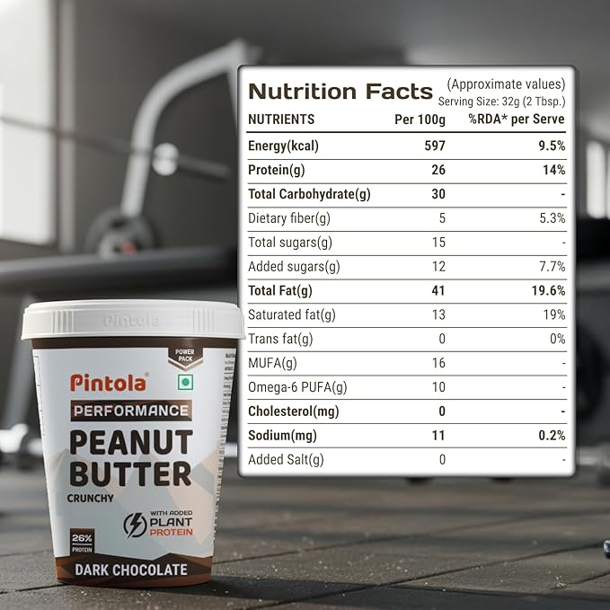 Pintola Dark Chocolate Performance Series Peanut Butter (Crunchy) - 1kg | Vegan Protein | 26% Protein | High Protein & Source of Fiber