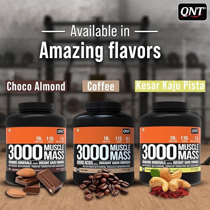 QNT Muscle Mass 3000 | Weight Gainer and Muscle Gainer Supplement | 3Kg |(18g Protein, 1.5g Dietary Fibre, 110g Carbs)