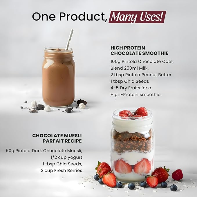 Pintola High Protein Muesli Dark Chocolate & Cranberry 1kg, 24g Protein, High Fibre, Trans Fat Free with Brown Sugar, Real Fruits, Muesli for Breakfast Food, Muselies Fruit Nuts and Seeds 1 kg