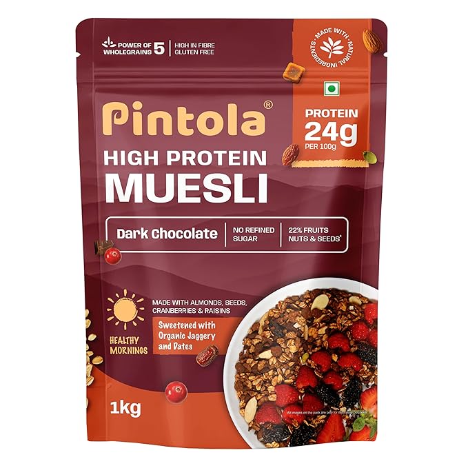 Pintola High Protein Muesli Dark Chocolate & Cranberry 1kg, 24g Protein, High Fibre, Trans Fat Free with Brown Sugar, Real Fruits, Muesli for Breakfast Food, Muselies Fruit Nuts and Seeds 1 kg