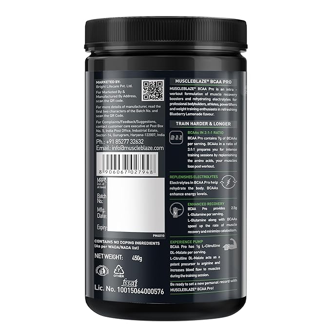 MuscleBlaze BCAA Pro Powder, Powerful Intra Workout | With 7g BCAAs, 1168mg Electrolytes & 2.5g Glutamine