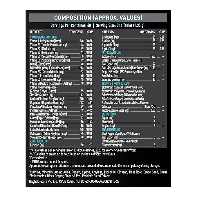 MuscleBlaze MB-Vite Daily Multivitamin | With 51 Ingredients & 6 Blends, Vitamins & Minerals, Prebiotic & Probiotics, Amino Acid Blends | For Energy, Stamina & Recovery