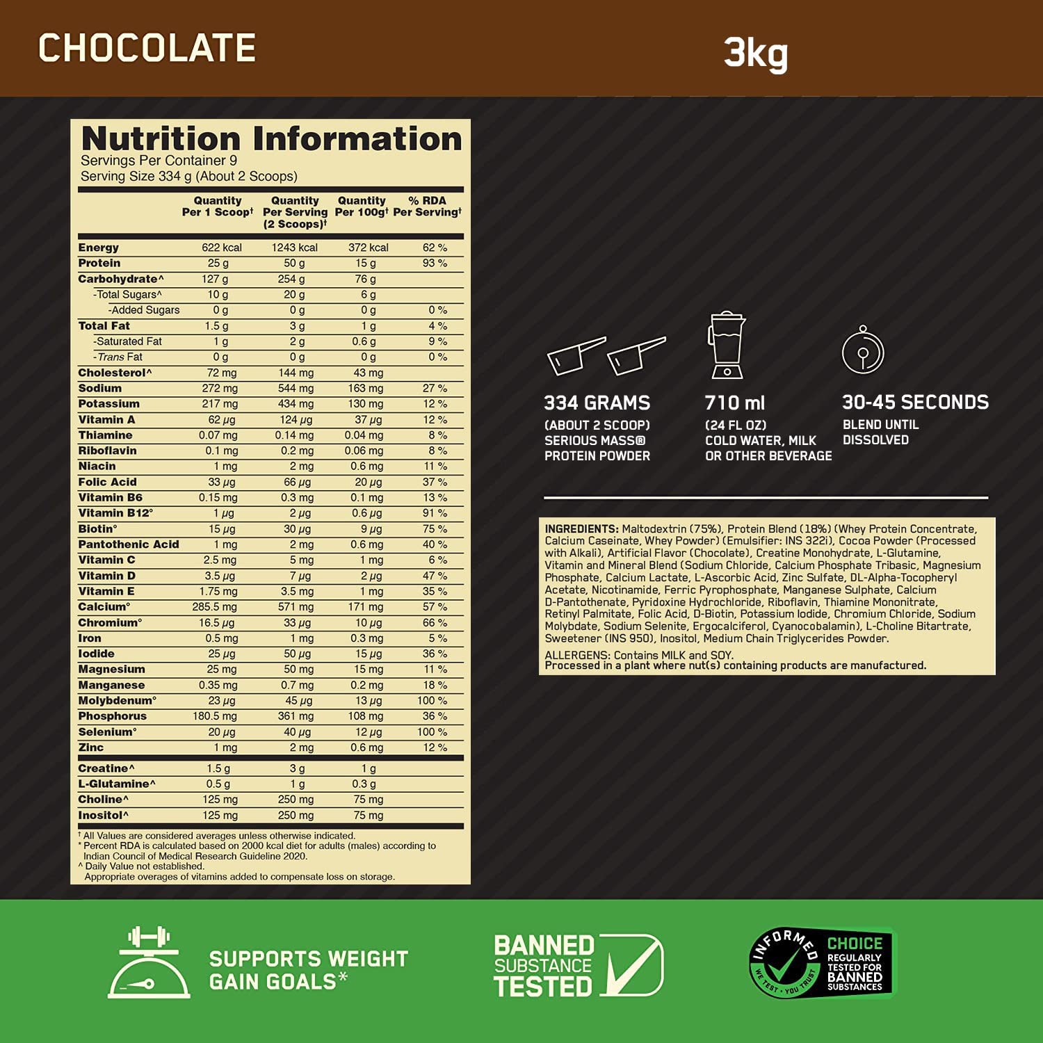 OPTIMUM NUTRITION (ON) Serious Mass High Protein High Calorie Weight Gainer Powder - 3 kg with Vitamins and Minerals, Vegetarian