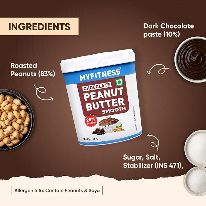 MYFITNESS Peanut Butter Chocolate Flavour, Smooth 1.25kg | 22g Protein | Tasty & Healthy Nut Butter Spread | Vegan | Cholesterol Free & Gluten Free | Zero Trans Fat | Creamy Peanut Butter