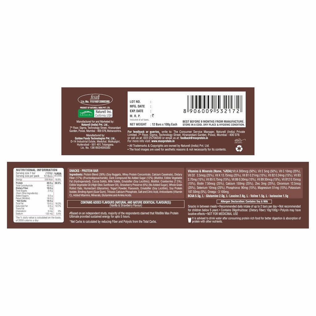 RiteBite Max Protein Ultimate Choco Berry 30g Protein Bars [Pack of 12] Protein Blend, Fiber, Vitamins & Minerals, No Preservatives, 100% Veg, No Added Sugar, For Energy, Fitness & Immunity