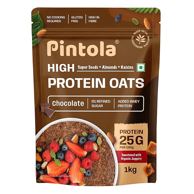 PINTOLA 25g High Protein Oats 1kg, Dark Chocolate,No Refined Sugar, with Almonds Raisin, Pumpkin and Chia Seeds, 8g Fibre, Rolled Oats for weight loss, Breakfast Cereals | Gluten Free