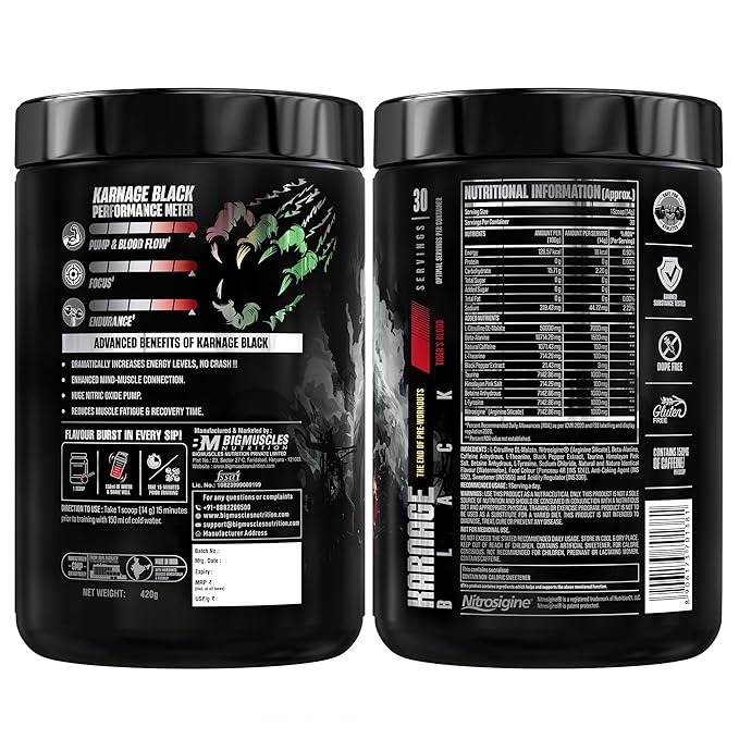 Bigmuscles Nutrition Karnage Black Preworkout | Massive Pump | Laser Focus | Explosive Energy | Gorilla Power | No Itching | with Nitrosigine