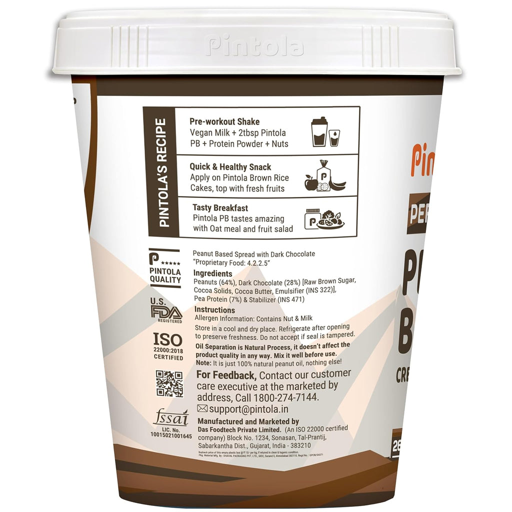 Pintola Dark Chocolate Performance Series Peanut Butter (Crunchy) - 1kg | Vegan Protein | 26% Protein | High Protein & Source of Fiber