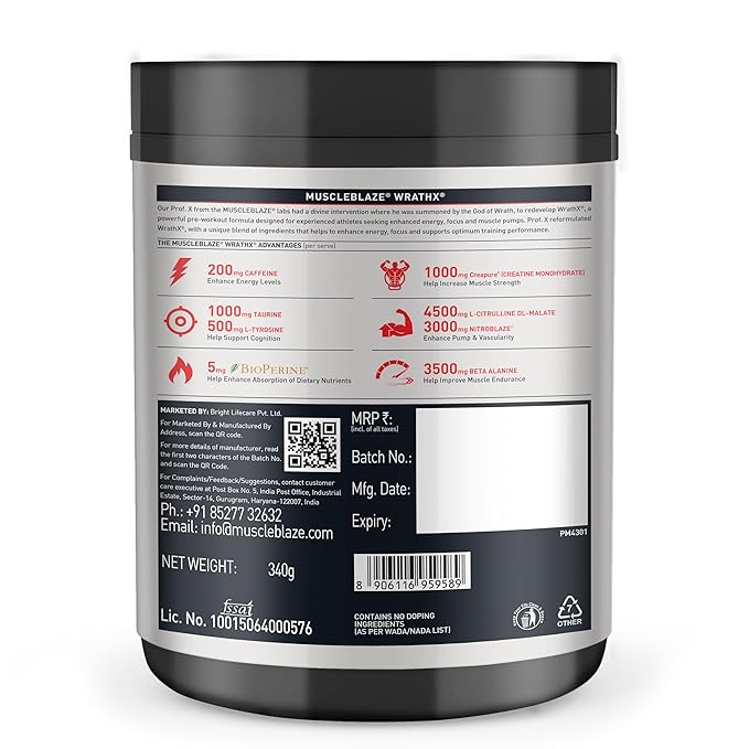 MuscleBlaze Pre Workout Wrathx Powder, Fruit Fury| With Creapure, NitroBlaze & BioPerine