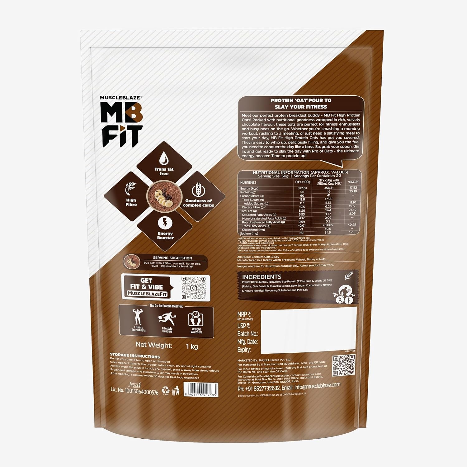 MuscleBlaze Fit High Protein Oats (Dark Chocolate, 1kg) | 22g Protein | Breakfast Cereals for Weight Management
