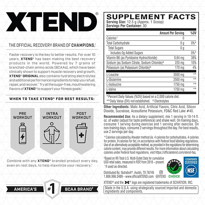 Xtend Scivation Bcaas Powder For Adults (Pre-Workout, 7G Bcaas, 0G Carbs,Sugar & Calories, 3.5 Leucine, 2.5G L-Glutamine, 1G Citrulline Malate)