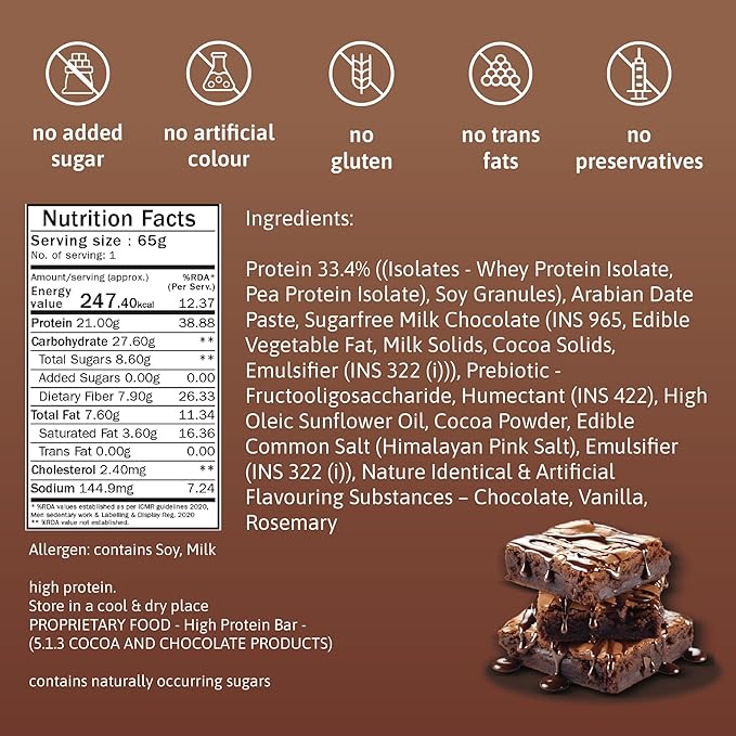 Phab Chocolate Brownie Protein Bar with 21g Protein, 8g High Fibre & 0 Added Sugar 100% Vegetarian | Healthy & Tasty Protein bars | Trans Fat-Free & No Preservatives Protein bars (Pack of 12 x 65g)