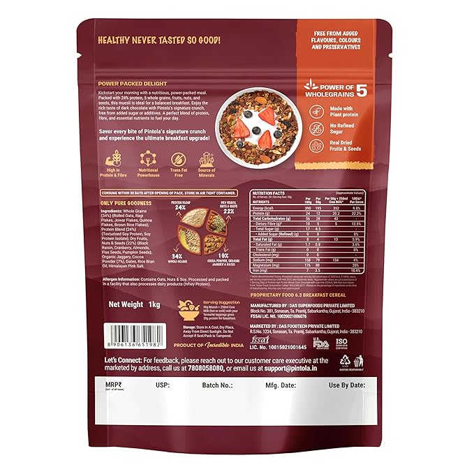 Pintola High Protein Muesli Dark Chocolate & Cranberry 1kg, 24g Protein, High Fibre, Trans Fat Free with Brown Sugar, Real Fruits, Muesli for Breakfast Food, Muselies Fruit Nuts and Seeds 1 kg