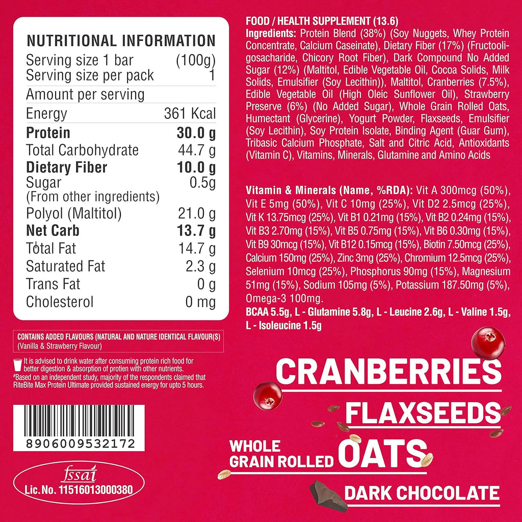 RiteBite Max Protein Ultimate Choco Berry 30g Protein Bars [Pack of 12] Protein Blend, Fiber, Vitamins & Minerals, No Preservatives, 100% Veg, No Added Sugar, For Energy, Fitness & Immunity