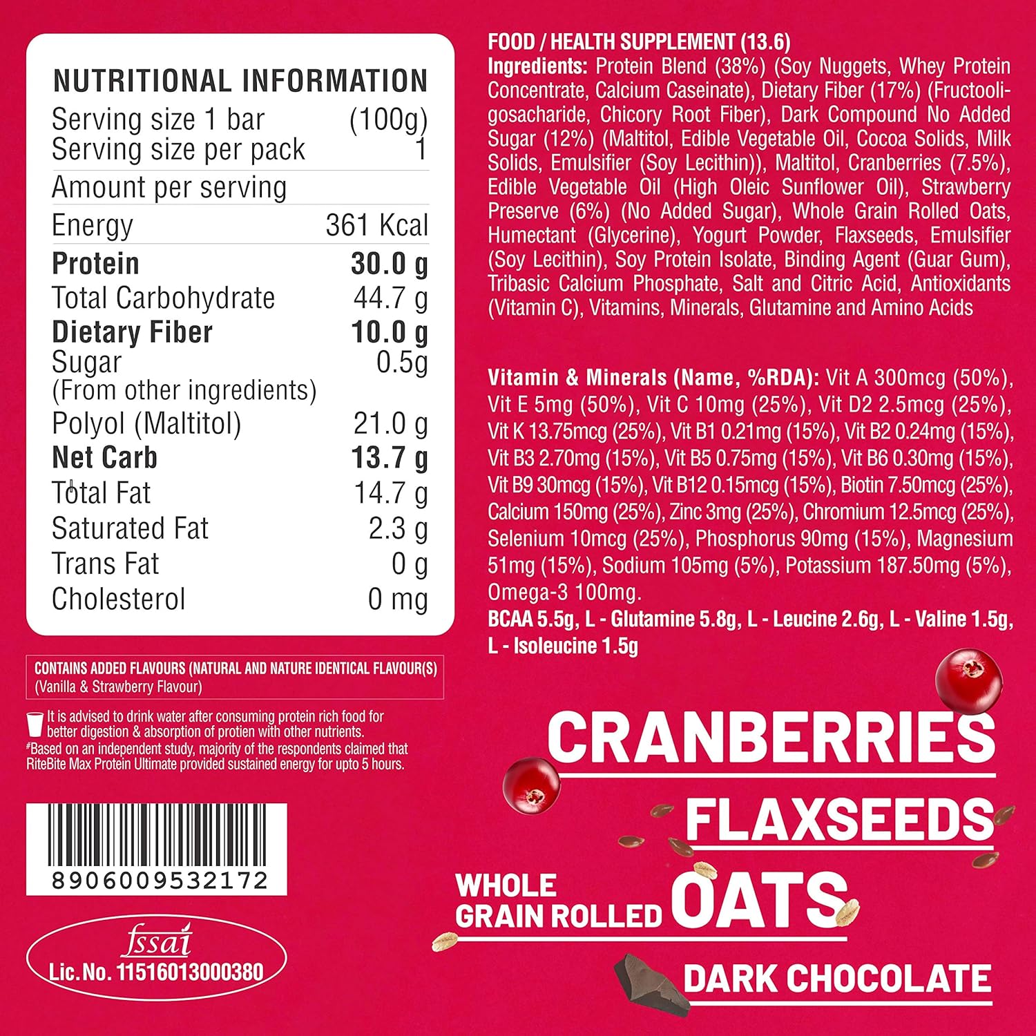 RiteBite Max Protein Ultimate Choco Berry 30g Protein Bars [Pack of 12] Protein Blend, Fiber, Vitamins & Minerals, No Preservatives, 100% Veg, No Added Sugar, For Energy, Fitness & Immunity