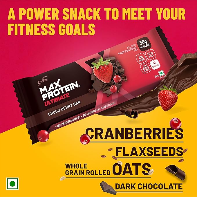 RiteBite Max Protein Ultimate Choco Berry 30g Protein Bars [Pack of 12] Protein Blend, Fiber, Vitamins & Minerals, No Preservatives, 100% Veg, No Added Sugar, For Energy, Fitness & Immunity