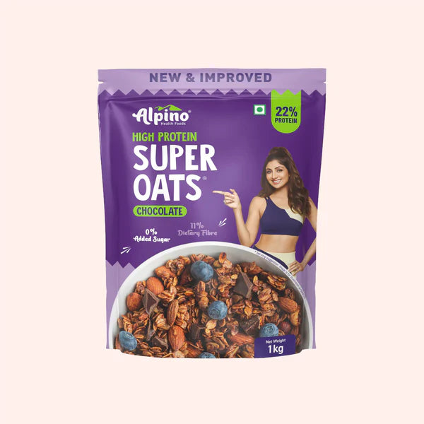 ALPINO 22% High Protein Super  Rolled Oats, Natural Peanut Butter, Cocoa Powder, Nuts & Seeds – 22g Protein, Source of Dietary Fibre & Healthy Fats, No Added Sugar & Salt