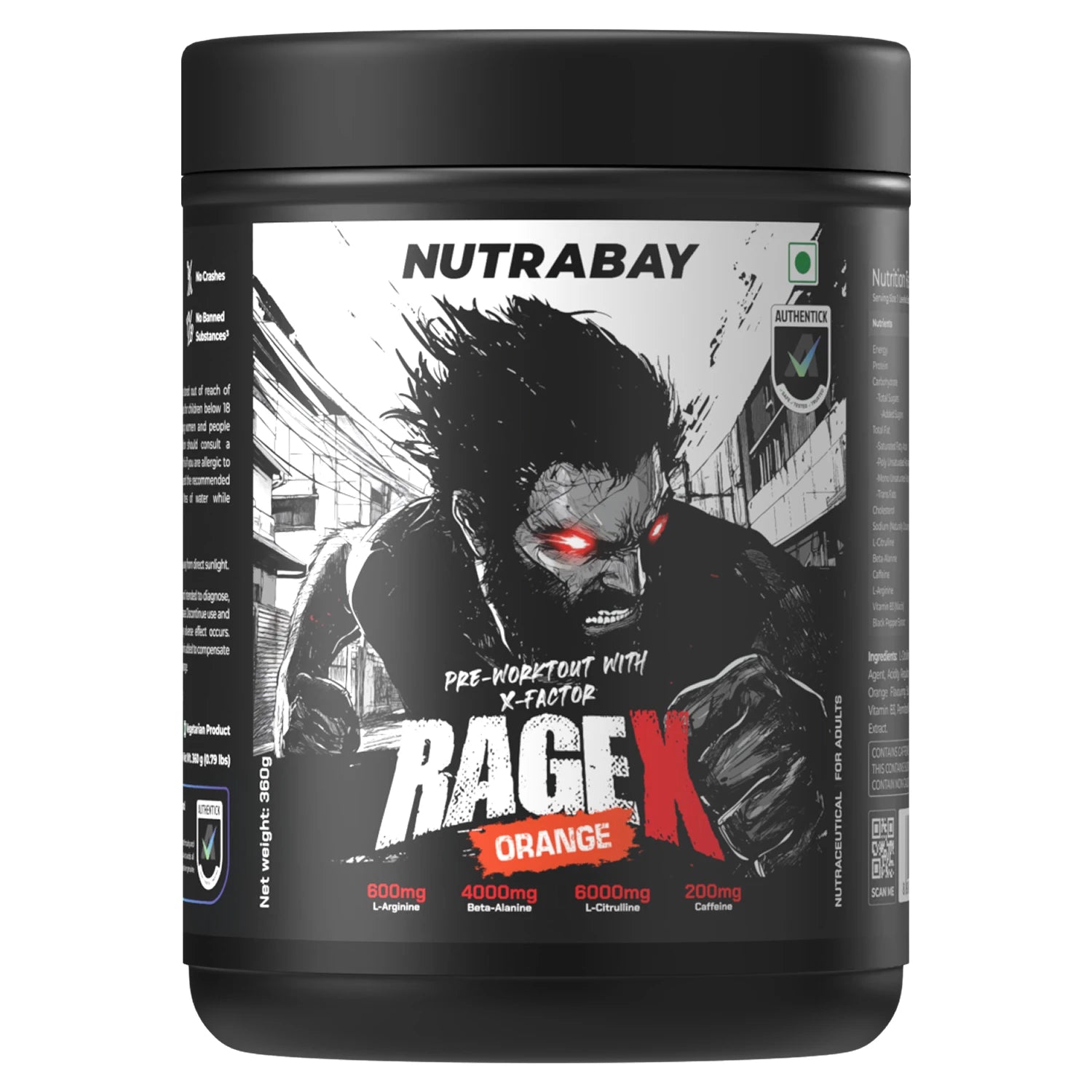 Nutrabay RageX Pre Workout Supplement Powder - 360g, Orange | 200mg Caffeine, 4g Beta Alanine, 6g L-Citrulline, 600mg L-Arginine, & Black Pepper | Muscle Pump & Performance