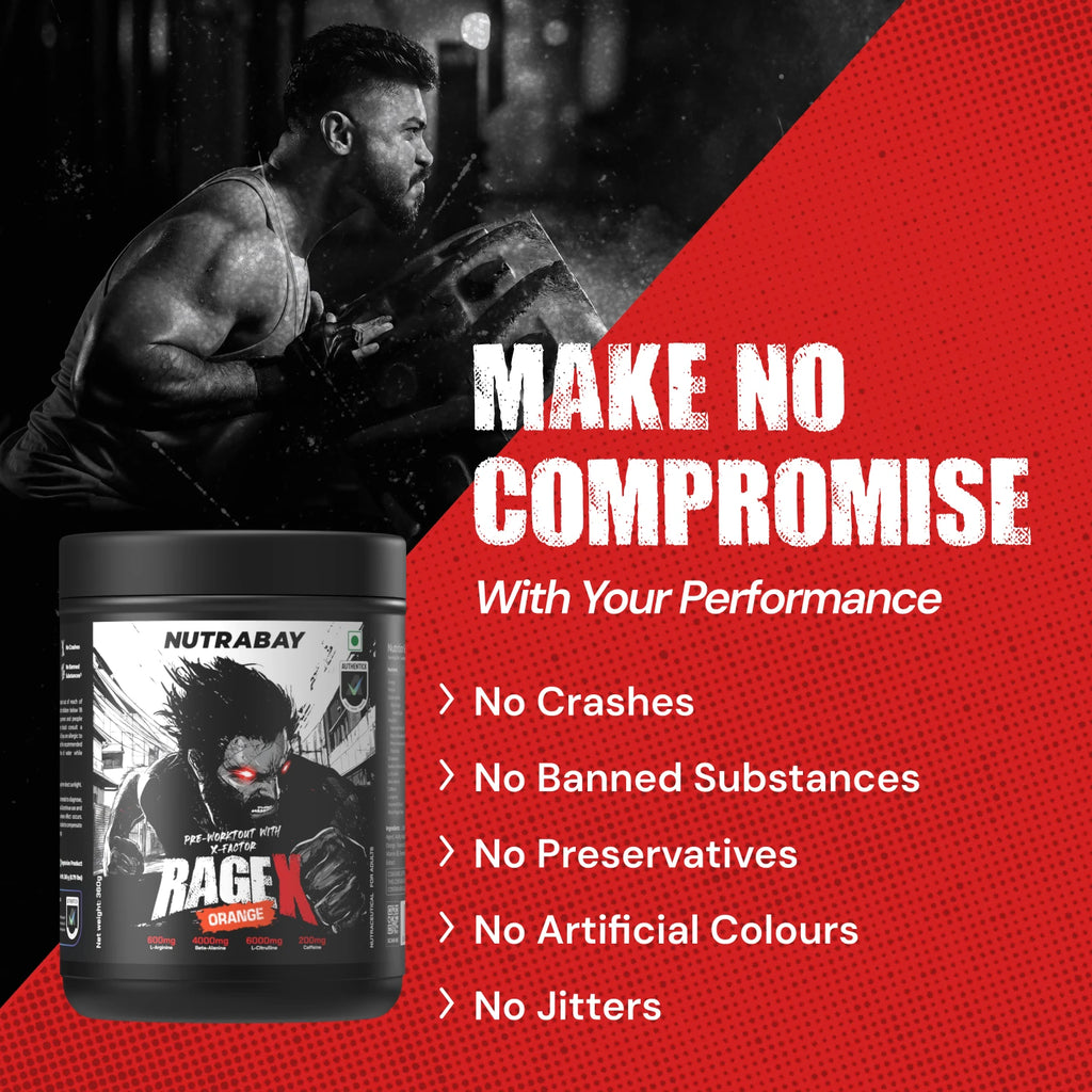 Nutrabay RageX Pre Workout Supplement Powder - 360g, Orange | 200mg Caffeine, 4g Beta Alanine, 6g L-Citrulline, 600mg L-Arginine, & Black Pepper | Muscle Pump & Performance