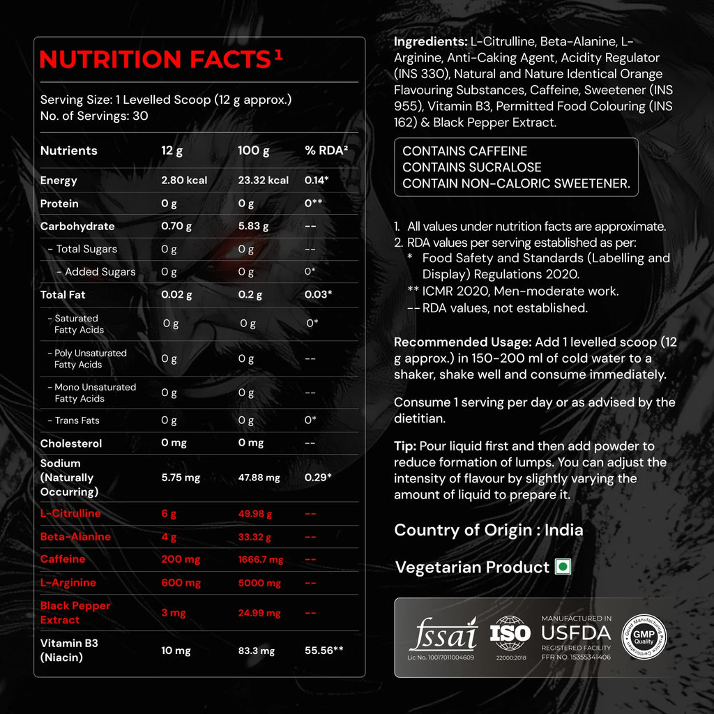 Nutrabay RageX Pre Workout Supplement Powder - 360g, Orange | 200mg Caffeine, 4g Beta Alanine, 6g L-Citrulline, 600mg L-Arginine, & Black Pepper | Muscle Pump & Performance
