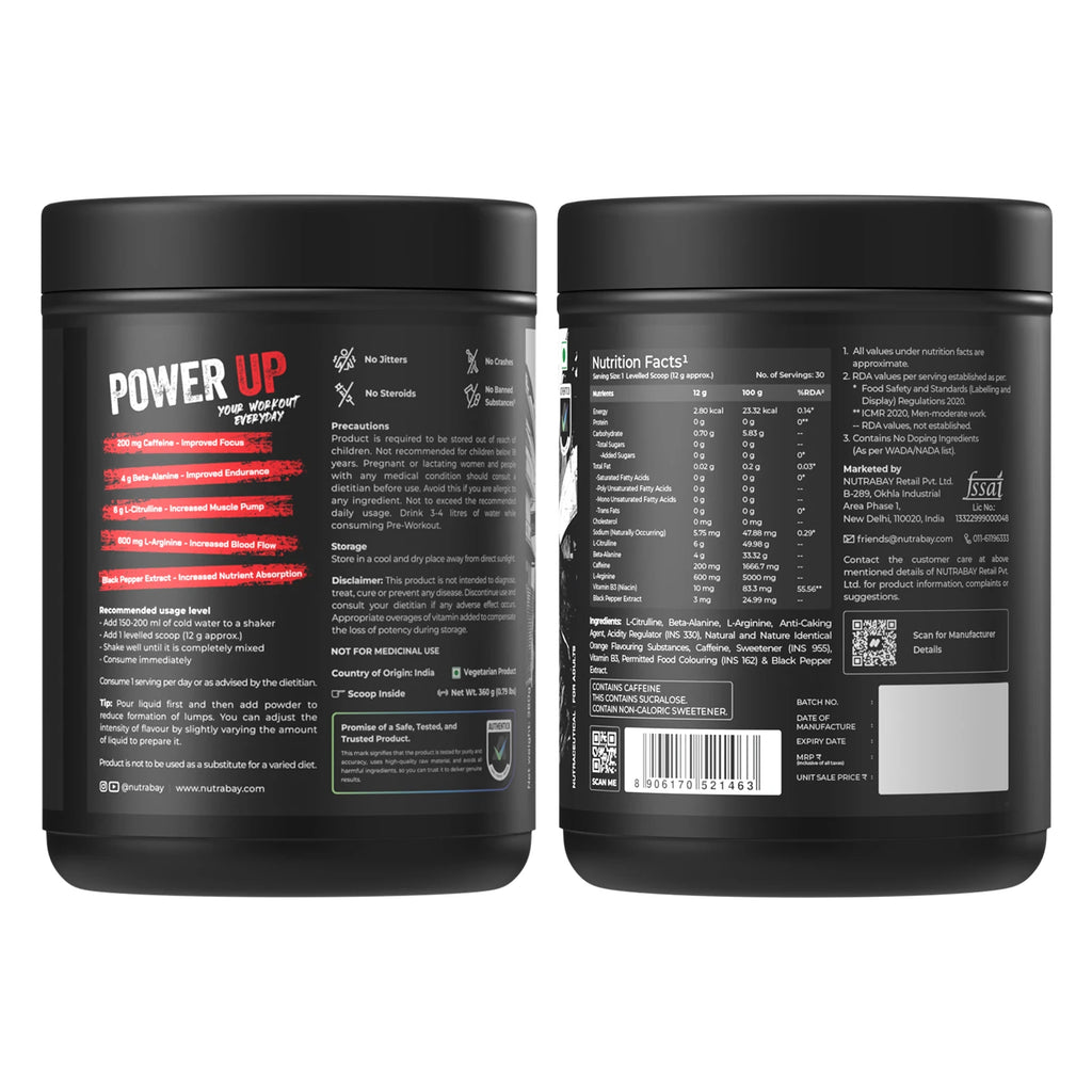 Nutrabay RageX Pre Workout Supplement Powder - 360g, Orange | 200mg Caffeine, 4g Beta Alanine, 6g L-Citrulline, 600mg L-Arginine, & Black Pepper | Muscle Pump & Performance