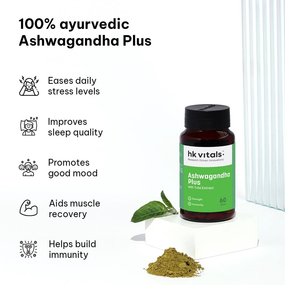 hk vitals Ashwagandha Plus with Tulsi Extract 500mg (60 Tablets) | Improves Muscles Strength | Energy and Immunity Booster